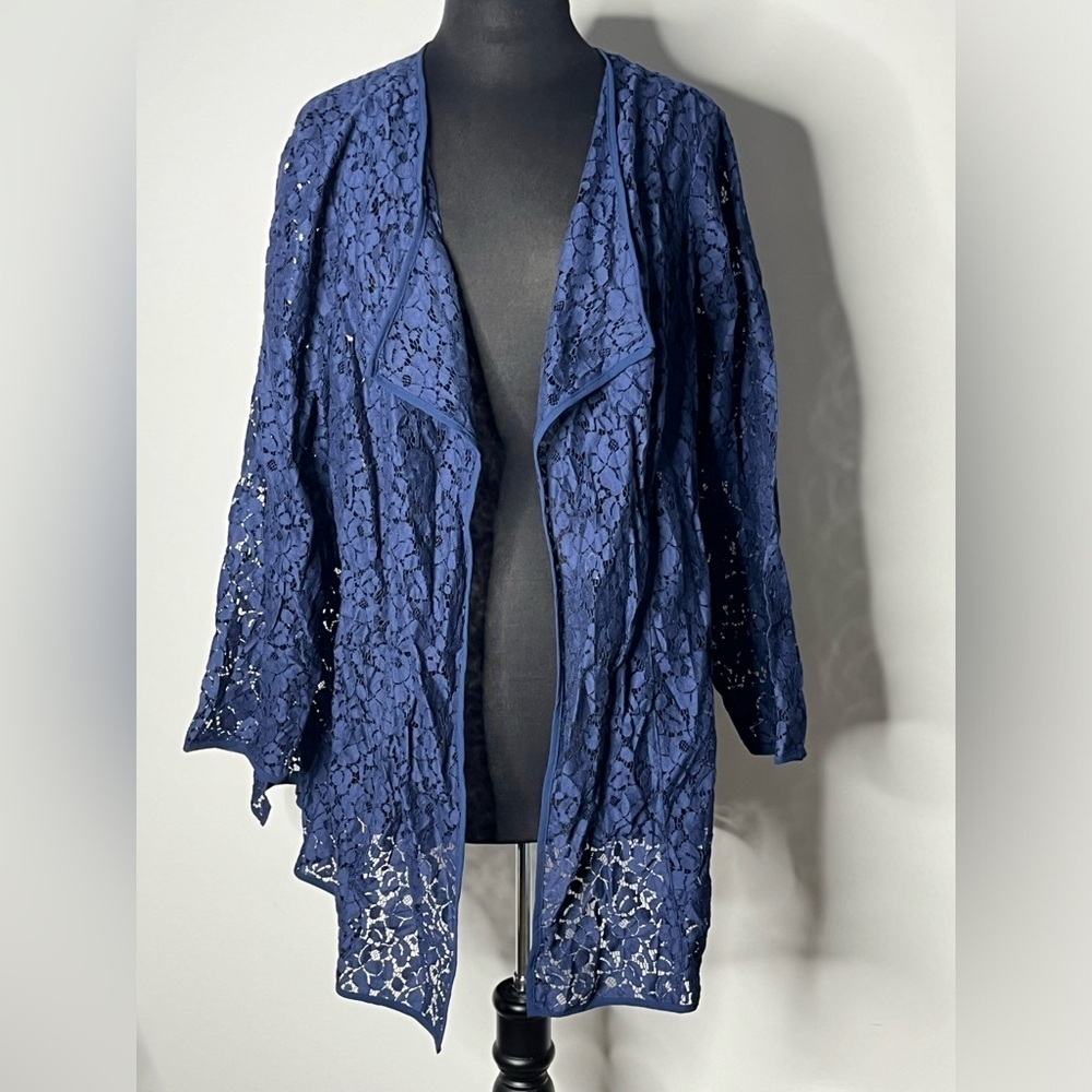 CATHERINES BLACK LABEL Women’s Navy Blue Lace Detail Open Front Cardigan Size 1X